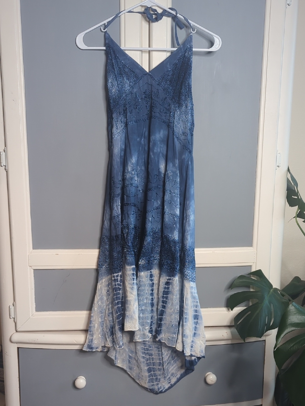 Blue Tie Dye Halter High Low Midi Dress Boho Embroidered XL NWT
